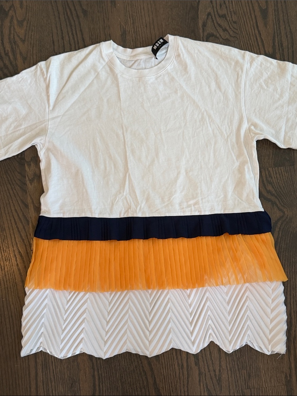 MSGM White Tee with Navy & Orange Pleated Layers L